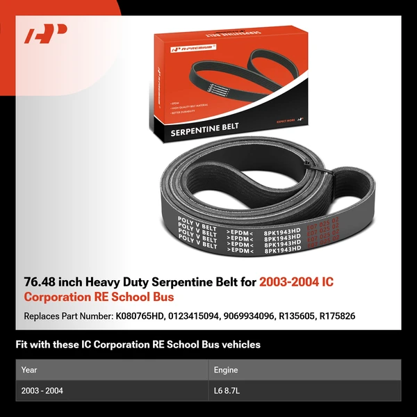 76.48 inch Heavy Duty Serpentine Belt for 2003-2004 IC Corporation RE School Bus