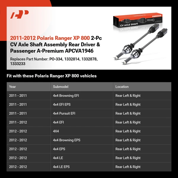 2011-2012 Polaris Ranger XP 800 2-Pc CV Axle Shaft Assembly Rear Driver & Passenger A-Premium APCVA1946