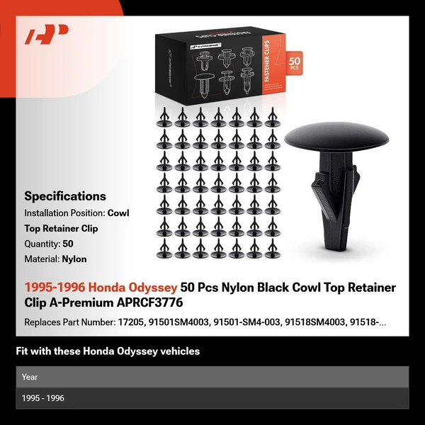 1995-1996 Honda Odyssey 50 Pcs Nylon Black Cowl Top Retainer Clip A-Premium APRCF3776