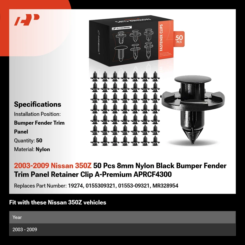 2003-2009 Nissan 350Z 50 Pcs 8mm Nylon Black Bumper Fender Trim Panel Retainer Clip A-Premium APRCF4300