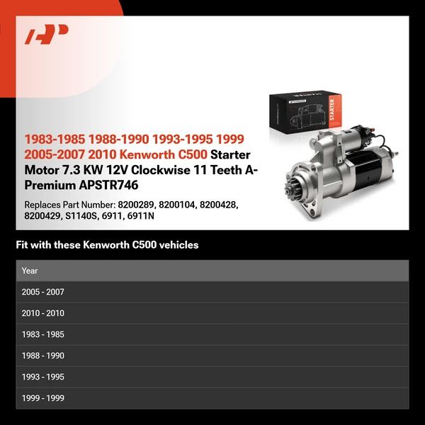 1983-1985 1988-1990 1993-1995 1999 2005-2007 2010 Kenworth C500 Starter Motor 7.3 KW 12V Clockwise 11 Teeth A-Premium APSTR746