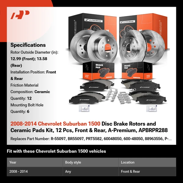 2008-2014 Chevrolet Suburban 1500 Disc Brake Rotors and Ceramic Pads Kit, 12 Pcs, Front & Rear, A-Premium, APBRPR288