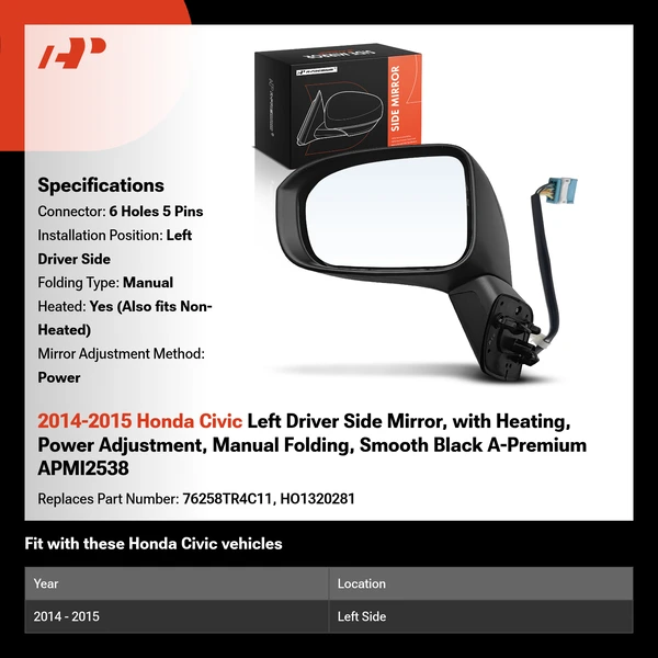 2014-2015 Honda Civic Left Driver Side Mirror, with Heating, Power Adjustment, Manual Folding, Smooth Black A-Premium APMI2538
