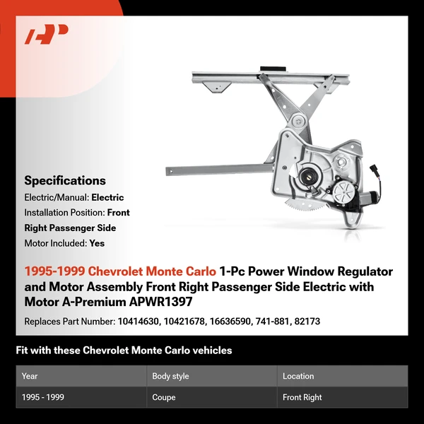 1995-1999 Chevrolet Monte Carlo 1-Pc Power Window Regulator and Motor Assembly Front Right Passenger Side Electric with Motor A-Premium APWR1397