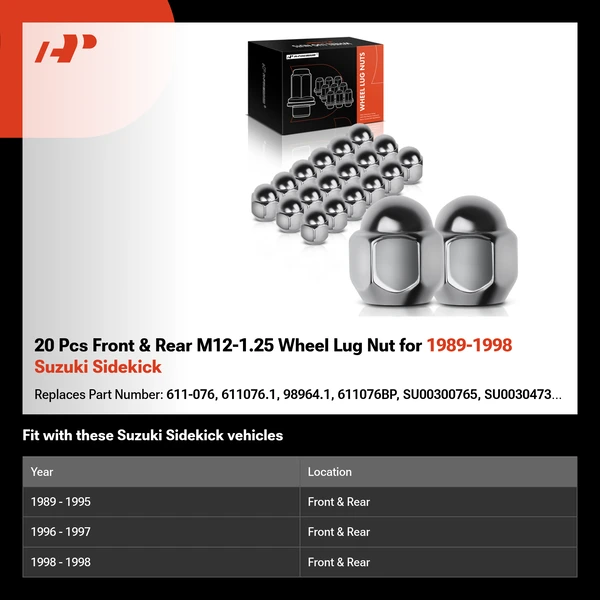 20 Pcs Front & Rear M12-1.25 Wheel Lug Nut for 1989-1998 Suzuki Sidekick