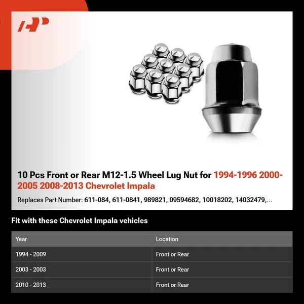 10 Pcs Front or Rear M12-1.5 Wheel Lug Nut for 1994-1996 2000-2005 2008-2013 Chevrolet Impala