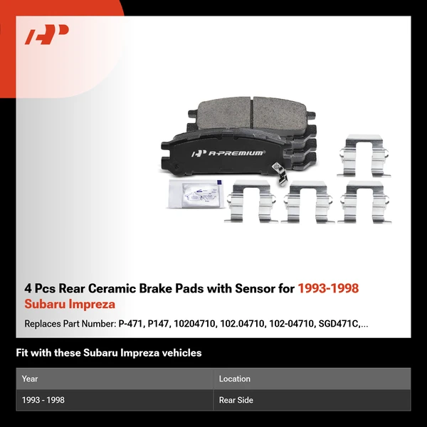 4 Pcs Rear Ceramic Brake Pads with Sensor for 1993-1998 Subaru Impreza