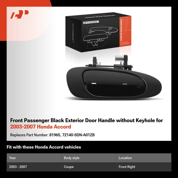 Front Passenger Black Exterior Door Handle without Keyhole for 2003-2007 Honda Accord
