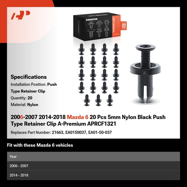 2006-2007 2014-2018 Mazda 6 20 Pcs 5mm Nylon Black Push Type Retainer Clip A-Premium APRCF1321