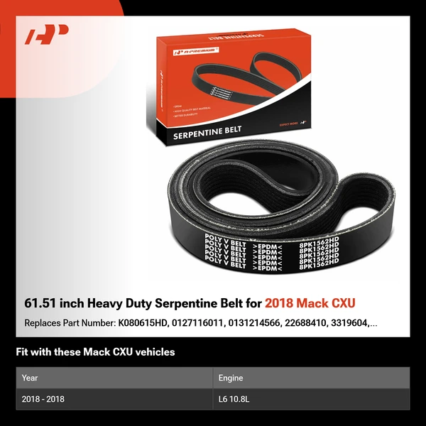 61.51 inch Heavy Duty Serpentine Belt for 2018 Mack CXU