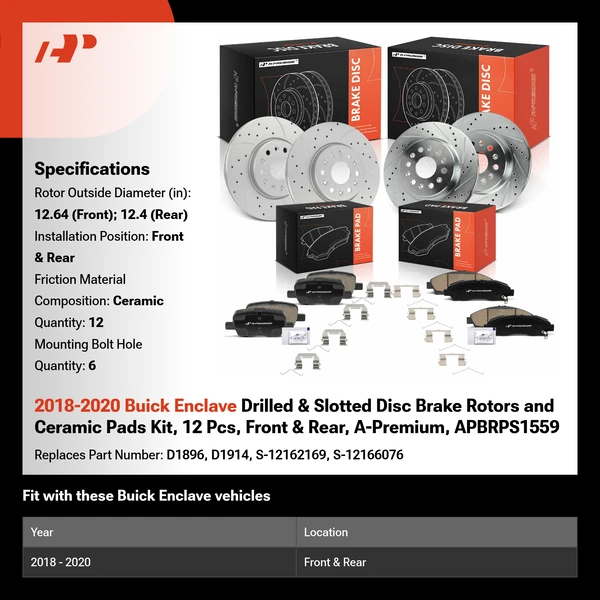 2018-2020 Buick Enclave Drilled & Slotted Disc Brake Rotors and Ceramic Pads Kit, 12 Pcs, Front & Rear, A-Premium, APBRPS1559