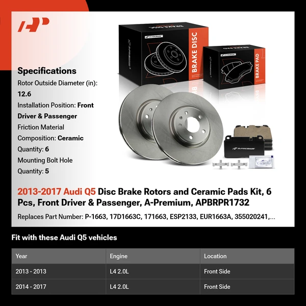 2013-2017 Audi Q5 Disc Brake Rotors and Ceramic Pads Kit, 6 Pcs, Front Driver & Passenger, A-Premium, APBRPR1732