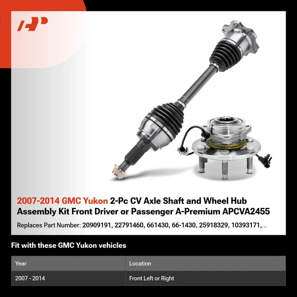 2007-2014 GMC Yukon 2-Pc CV Axle Shaft and Wheel Hub Assembly Kit Front Driver or Passenger A-Premium APCVA2455