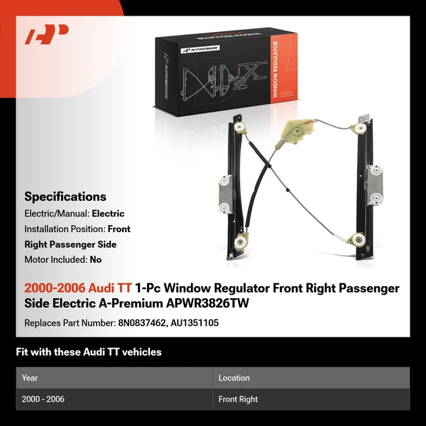 2000-2006 Audi TT 1-Pc Window Regulator Front Right Passenger Side Electric A-Premium APWR3826TW