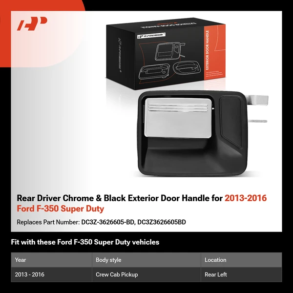 Rear Driver Chrome & Black Exterior Door Handle for 2013-2016 Ford F-350 Super Duty