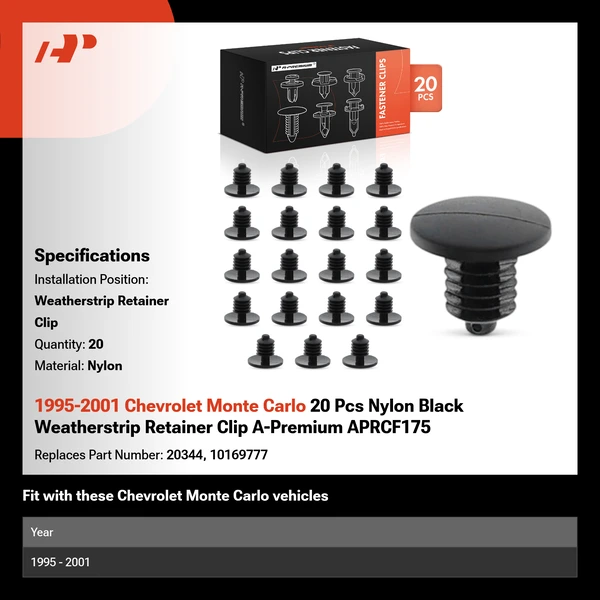 1995-2001 Chevrolet Monte Carlo 20 Pcs Nylon Black Weatherstrip Retainer Clip A-Premium APRCF175