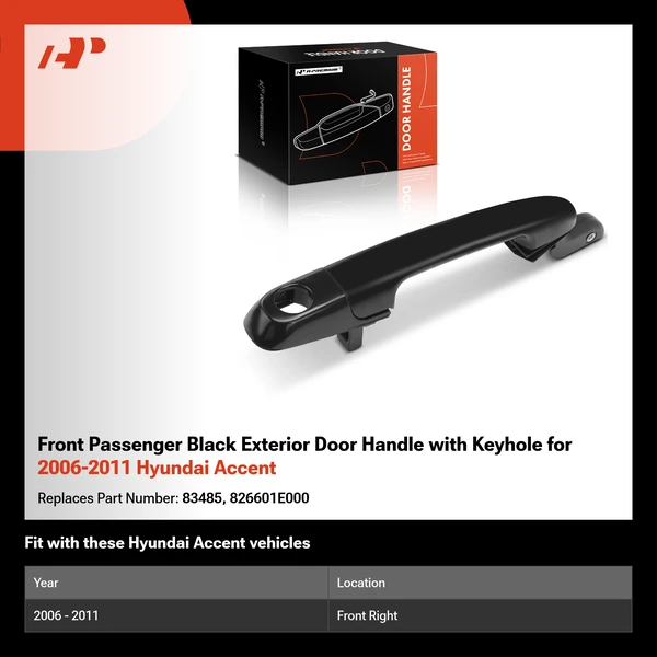 Front Passenger Black Exterior Door Handle with Keyhole for 2006-2011 Hyundai Accent