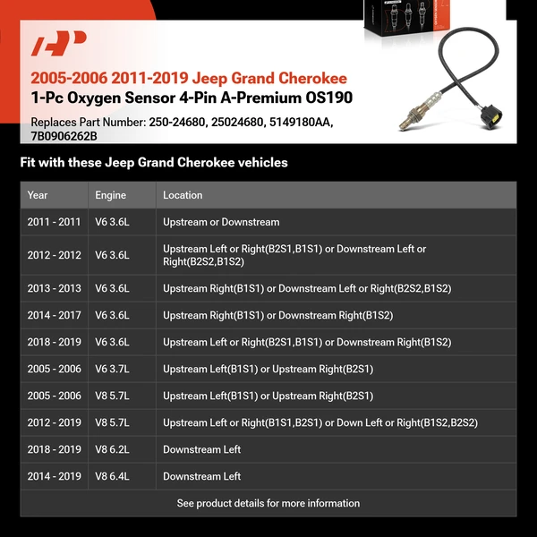 2005-2006 2011-2019 Jeep Grand Cherokee 1-Pc Oxygen Sensor 4-Pin A-Premium OS190