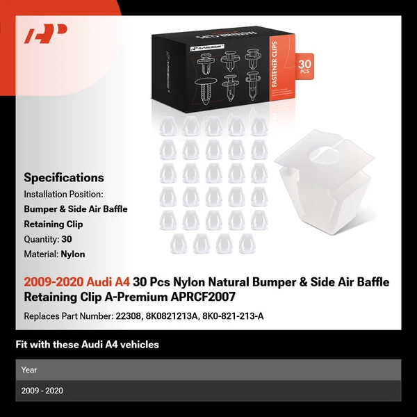 2009-2020 Audi A4 30 Pcs Nylon Natural Bumper & Side Air Baffle Retaining Clip A-Premium APRCF2007