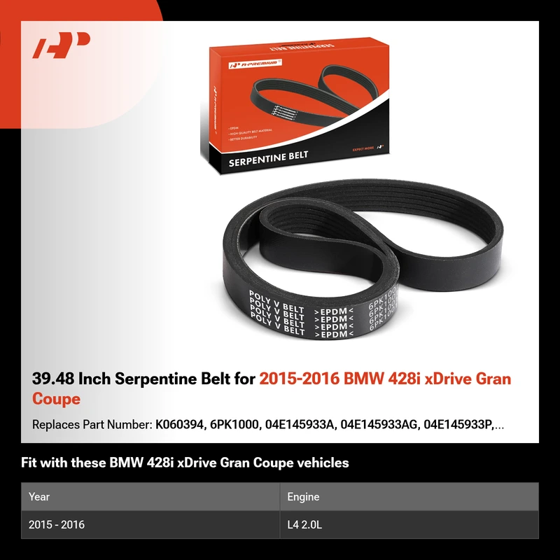 39.48 Inch Serpentine Belt for 2015-2016 BMW 428i xDrive Gran Coupe