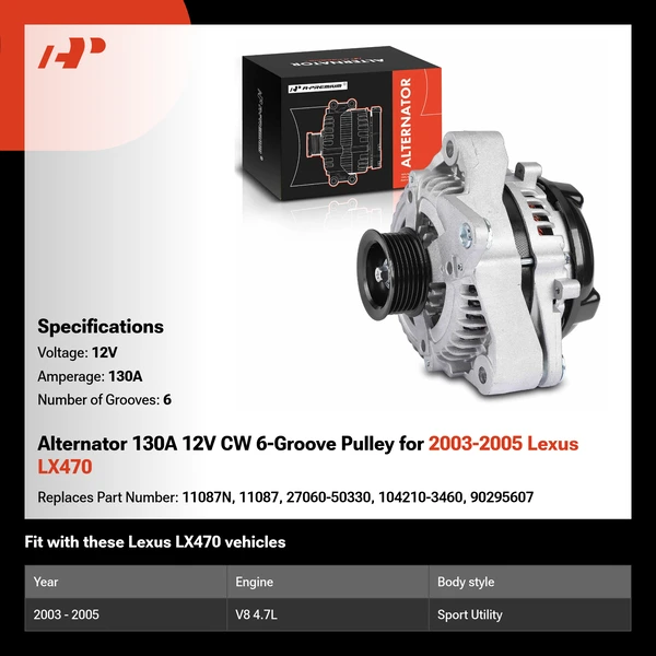 Alternator 130A 12V CW 6-Groove Pulley for 2003-2005 Lexus LX470