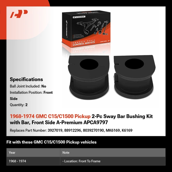 1968-1974 GMC C15/C1500 Pickup 2-Pc Sway Bar Bushing Kit with Bar, Front Side A-Premium APCA9797
