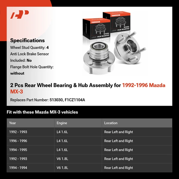 2 Pcs Rear Wheel Bearing & Hub Assembly for 1992-1996 Mazda MX-3