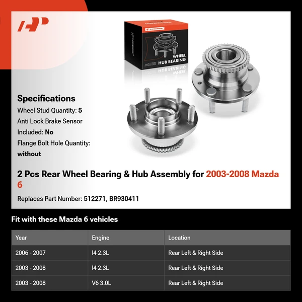 2 Pcs Rear Wheel Bearing & Hub Assembly for 2003-2008 Mazda 6