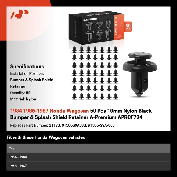 1984 1986-1987 Honda Wagovan 50 Pcs 10mm Nylon Black Bumper & Splash Shield Retainer A-Premium APRCF794
