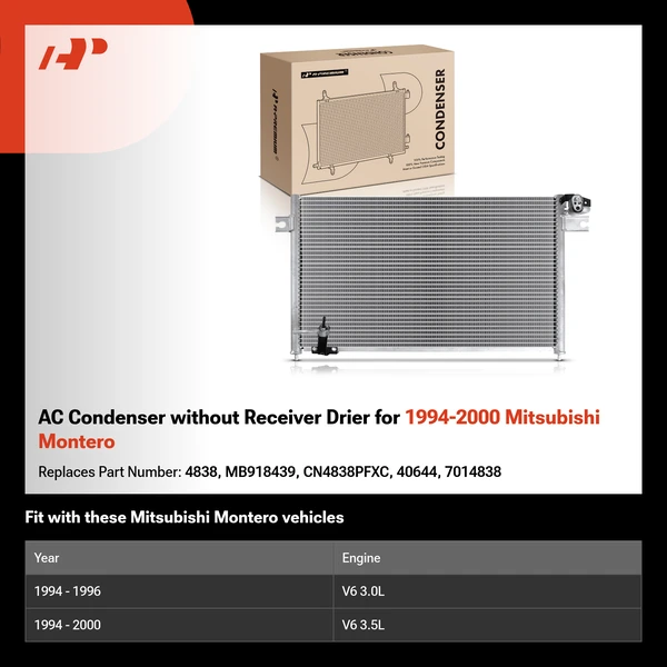 AC Condenser without Receiver Drier for 1994-2000 Mitsubishi Montero