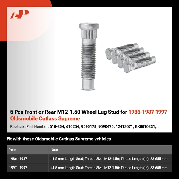 5 Pcs Front or Rear M12-1.50 Wheel Lug Stud for 1986-1987 1997 Oldsmobile Cutlass Supreme
