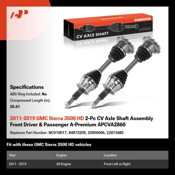 2011-2019 GMC Sierra 3500 HD 2-Pc CV Axle Shaft Assembly Front Driver & Passenger A-Premium APCVA2860
