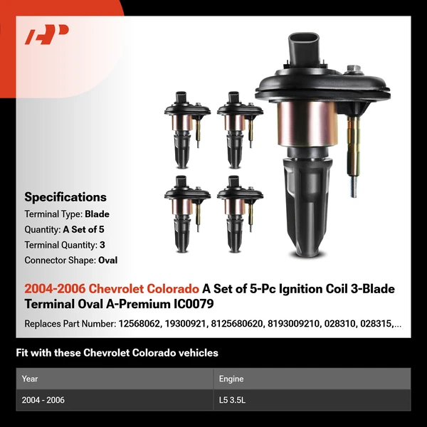 2004-2006 Chevrolet Colorado A Set of 5-Pc Ignition Coil 3-Blade Terminal Oval A-Premium IC0079