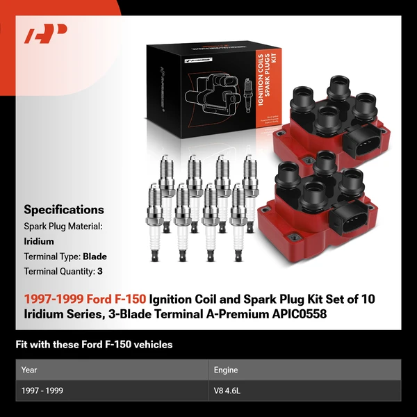 1997-1999 Ford F-150 Ignition Coil and Spark Plug Kit Set of 10 Iridium Series, 3-Blade Terminal A-Premium APIC0558