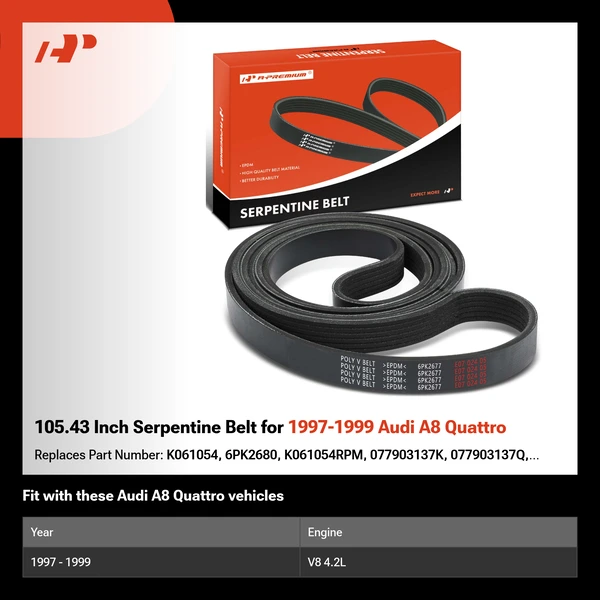 105.43 Inch Serpentine Belt for 1997-1999 Audi A8 Quattro