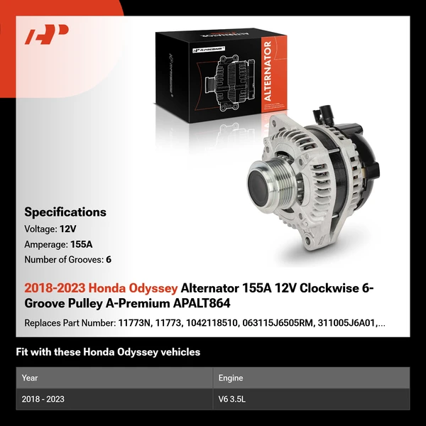 2018-2023 Honda Odyssey Alternator 155A 12V Clockwise 6-Groove Pulley A-Premium APALT864