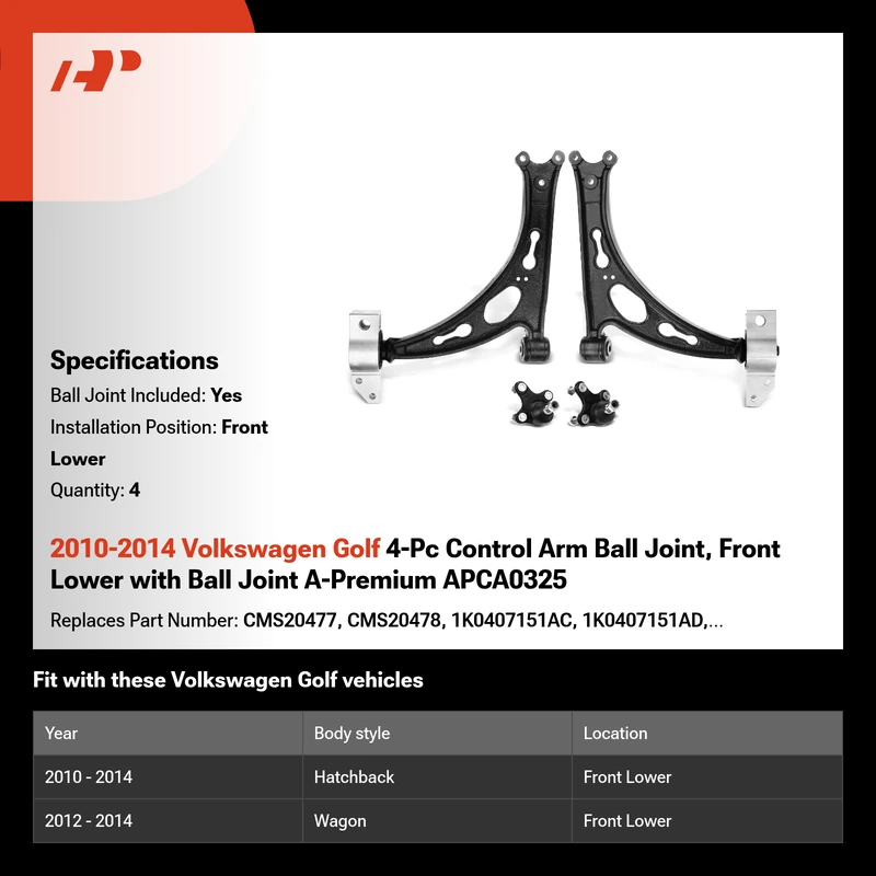2010-2014 Volkswagen Golf 4-Pc Control Arm Ball Joint, Front Lower with Ball Joint A-Premium APCA0325