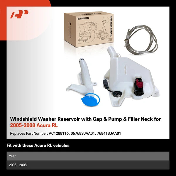 Windshield Washer Reservoir with Cap & Pump & Filler Neck for 2005-2008 Acura RL