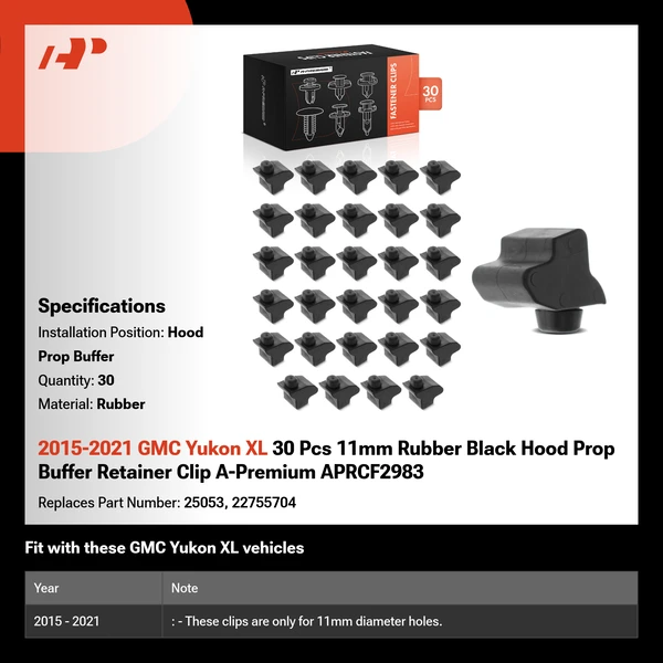 2015-2021 GMC Yukon XL 30 Pcs 11mm Rubber Black Hood Prop Buffer Retainer Clip A-Premium APRCF2983