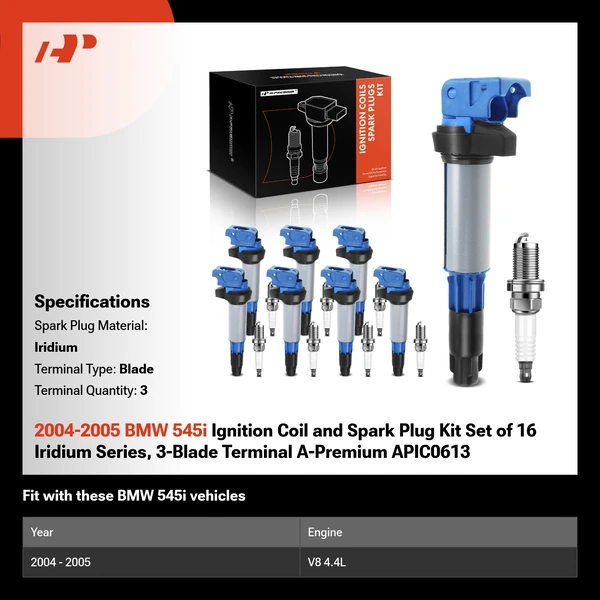 2004-2005 BMW 545i Ignition Coil and Spark Plug Kit Set of 16 Iridium Series, 3-Blade Terminal A-Premium APIC0613