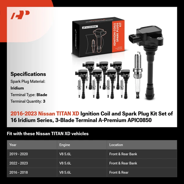 2016-2023 Nissan TITAN XD Ignition Coil and Spark Plug Kit Set of 16 Iridium Series, 3-Blade Terminal A-Premium APIC0850