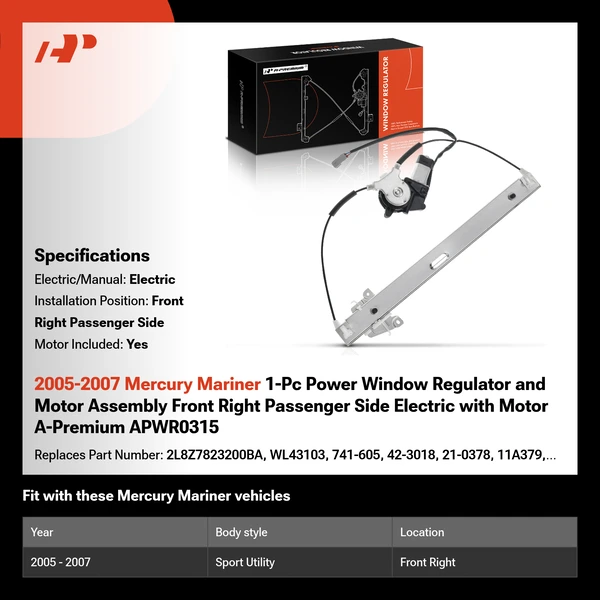 2005-2007 Mercury Mariner 1-Pc Power Window Regulator and Motor Assembly Front Right Passenger Side Electric with Motor A-Premium APWR0315