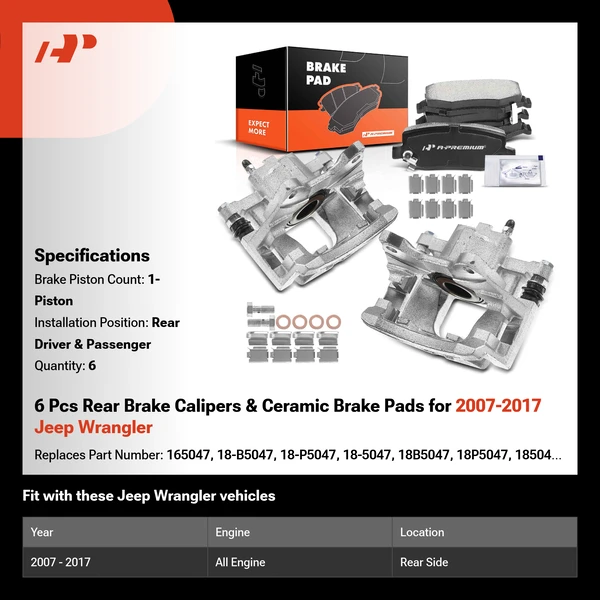 6 Pcs Rear Brake Calipers & Ceramic Brake Pads for 2007-2017 Jeep Wrangler