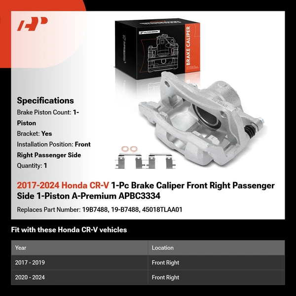 2017-2024 Honda CR-V 1-Pc Brake Caliper Front Right Passenger Side 1-Piston A-Premium APBC3334