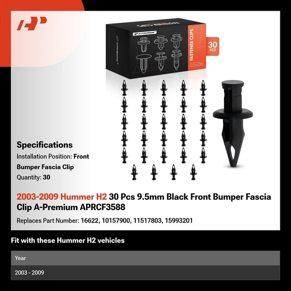 2003-2009 Hummer H2 30 Pcs 9.5mm Black Front Bumper Fascia Clip A-Premium APRCF3588