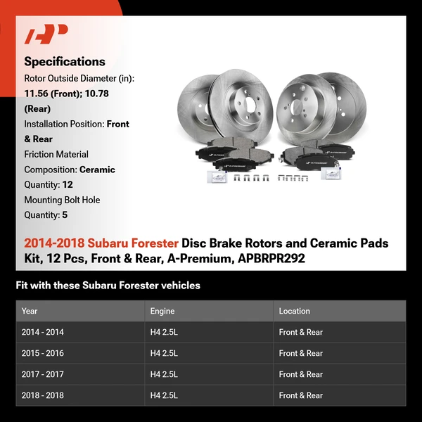 2014-2018 Subaru Forester Disc Brake Rotors and Ceramic Pads Kit, 12 Pcs, Front & Rear, A-Premium, APBRPR292