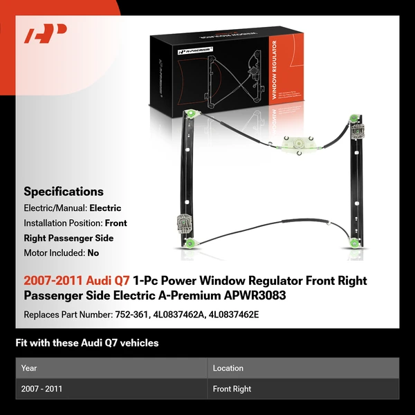 2007-2011 Audi Q7 1-Pc Power Window Regulator Front Right Passenger Side Electric A-Premium APWR3083