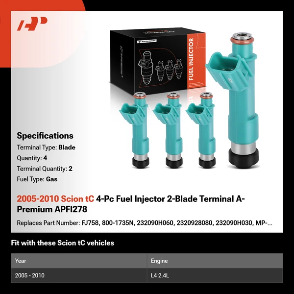 2005-2010 Scion tC 4-Pc Fuel Injector 2-Blade Terminal A-Premium APFI278