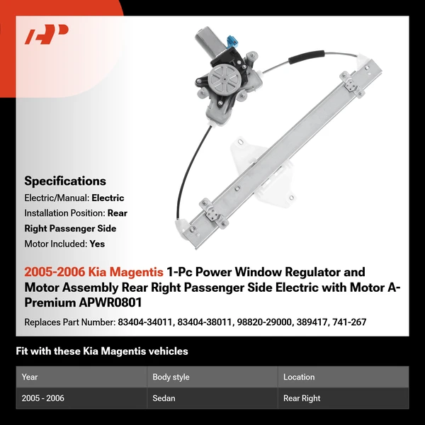 2005-2006 Kia Magentis 1-Pc Power Window Regulator and Motor Assembly Rear Right Passenger Side Electric with Motor A-Premium APWR0801
