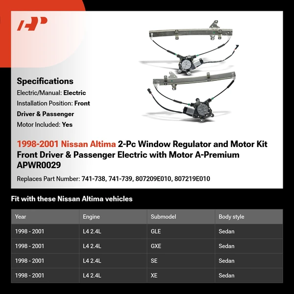 1998-2001 Nissan Altima 2-Pc Window Regulator and Motor Kit Front Driver & Passenger Electric with Motor A-Premium APWR0029